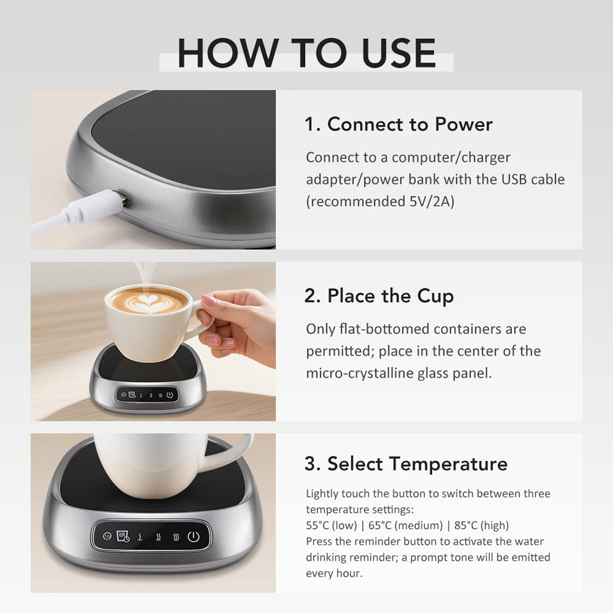 WarimCovi Coffee Mug Warmer 3 Temperature Settings 8H Auto Shut Off USB Powered